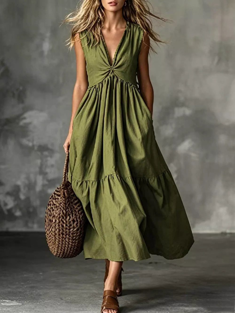 Twisted V-neck Midi Dress With Pockets
