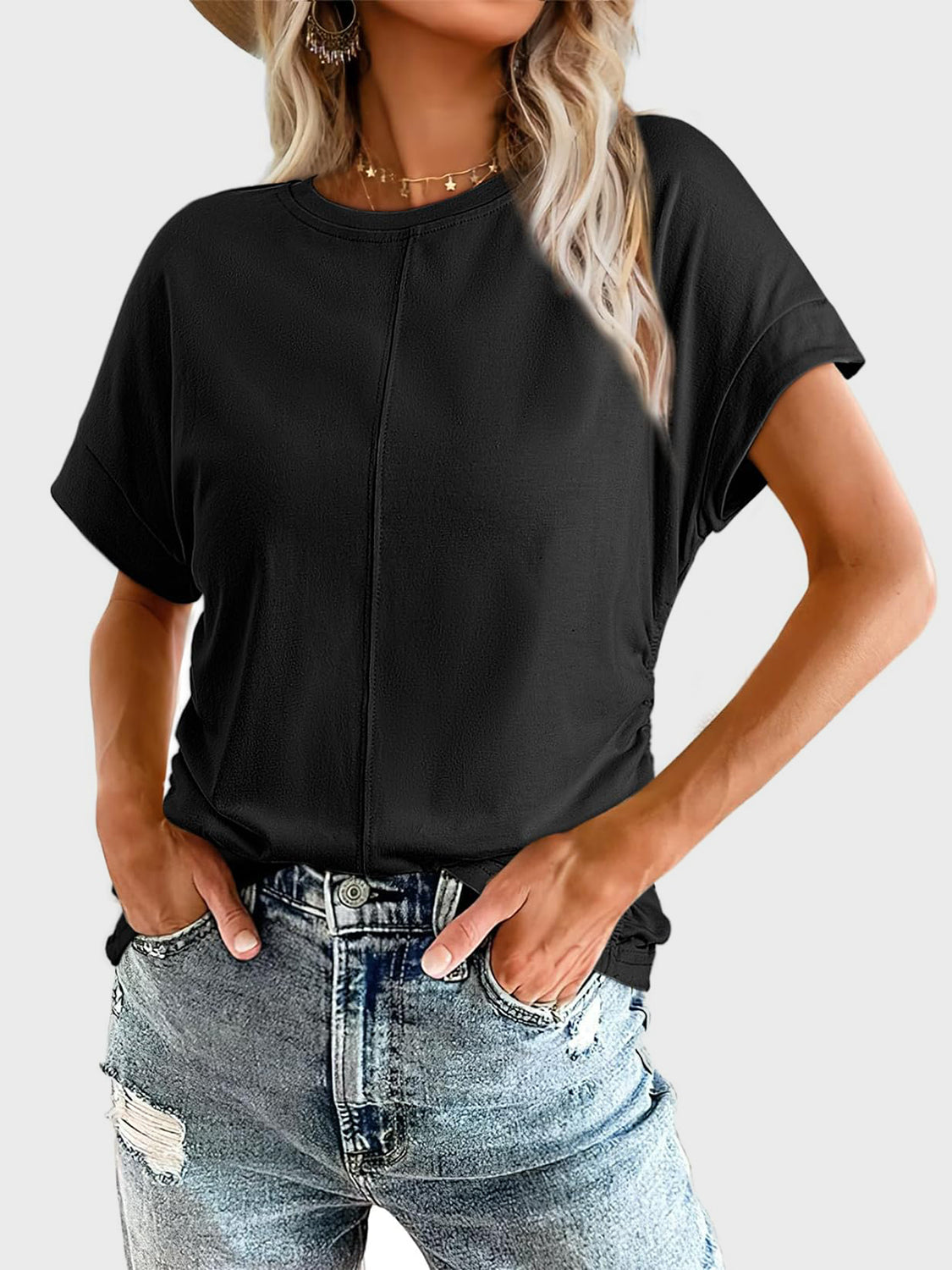 Black seamed front ruched sleeve tee with crew neck and short sleeves.