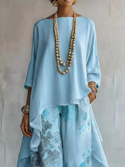 Asymmetrical Hem Top And Floral Pants Set, front view