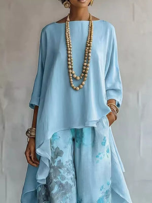 Asymmetrical Hem Top And Floral Pants Set, front view