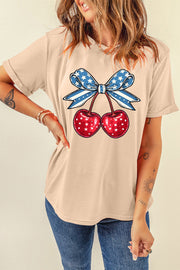 Tan graphic tee with patriotic cherry and bow design