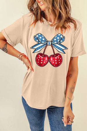 Tan graphic tee with patriotic cherry and bow design