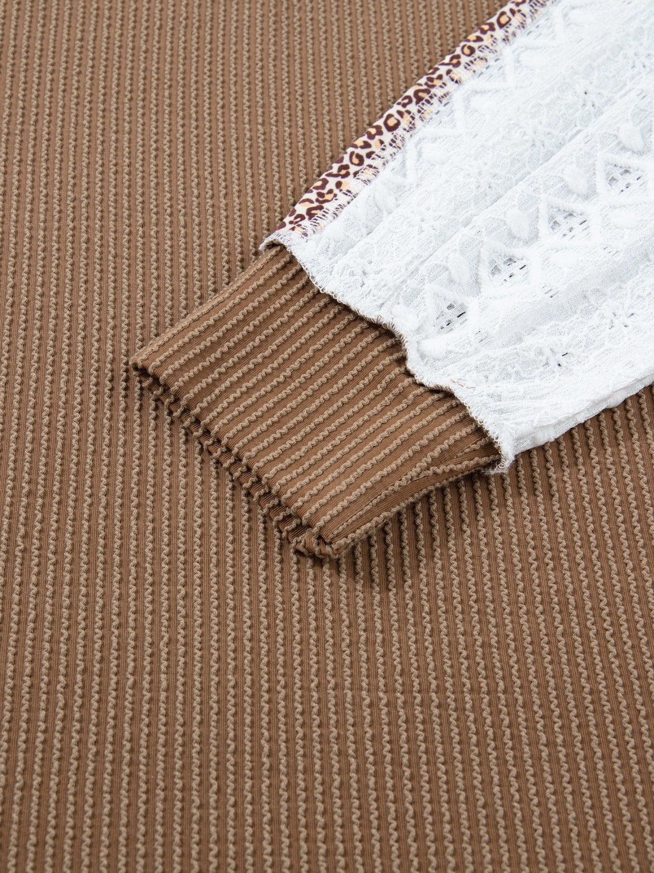 Taupe waffle knit henley top with leopard print and white lace sleeves