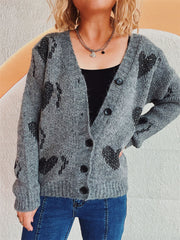 Dark gray acrylic knit cardigan with black heart motif and buttons.