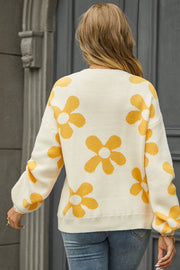 Daisy Pop Intarsia Knit Sweater in cream with yellow flowers, acrylic, crew neck, long sleeves.
