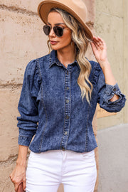 Dark acid wash denim shirt with puff sleeves and button front.