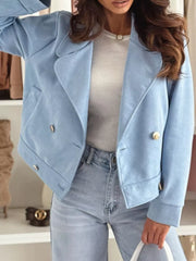 Chic Double-breasted Cropped Jacket in Dusty Pink, fit detail