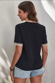 Black lace trim V-neck blouse with short sleeves