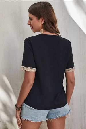 Black lace trim V-neck blouse with short sleeves