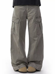 Men's grey cargo sweatpants with multiple pockets and a relaxed fit.