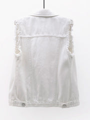 White denim vest with frayed shoulders and collar detail