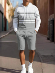 Men's light gray textured stripe hoodie and shorts set with drawstring.