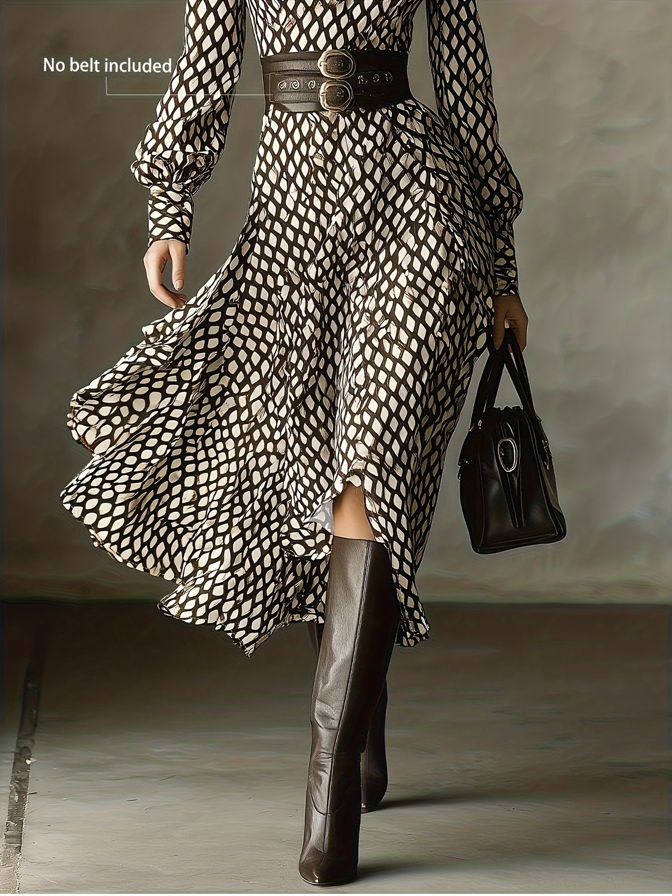 Geometric print midi dress with collar and asymmetrical hem, brown and white pattern.