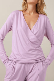 Draped wrap top and pleated trousers set in pink purple, long sleeve, v-neck, comfortable loungewear.