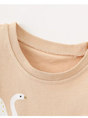 Girls' tan cotton undershirt with swan graphic and ruffle sleeves