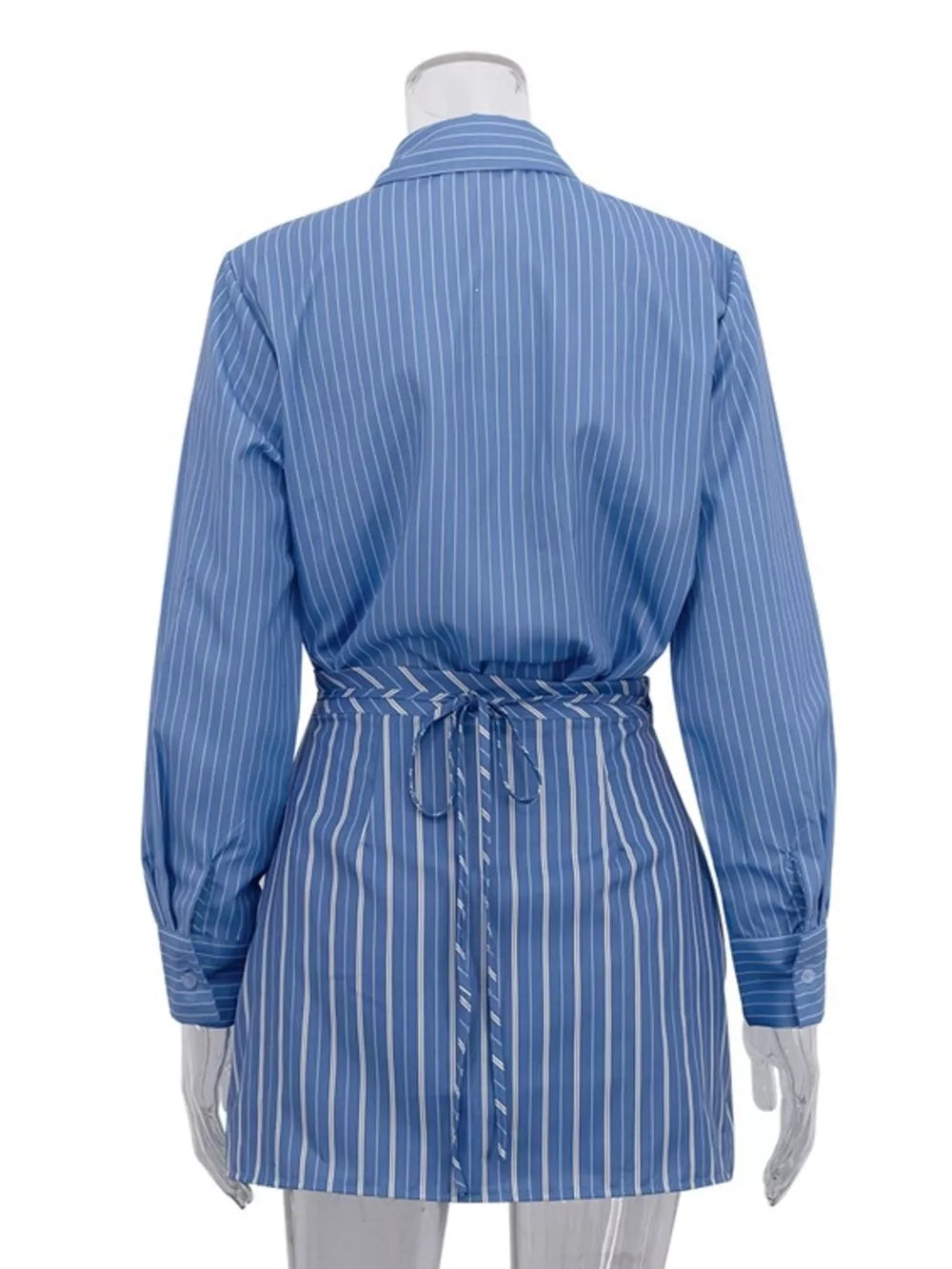 Striped Buttoned Shirt And Mini Skirt Set in Dusty Blue, model styling view