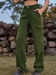 Dark green denim cargo pants with elastic waist and patch pocket.