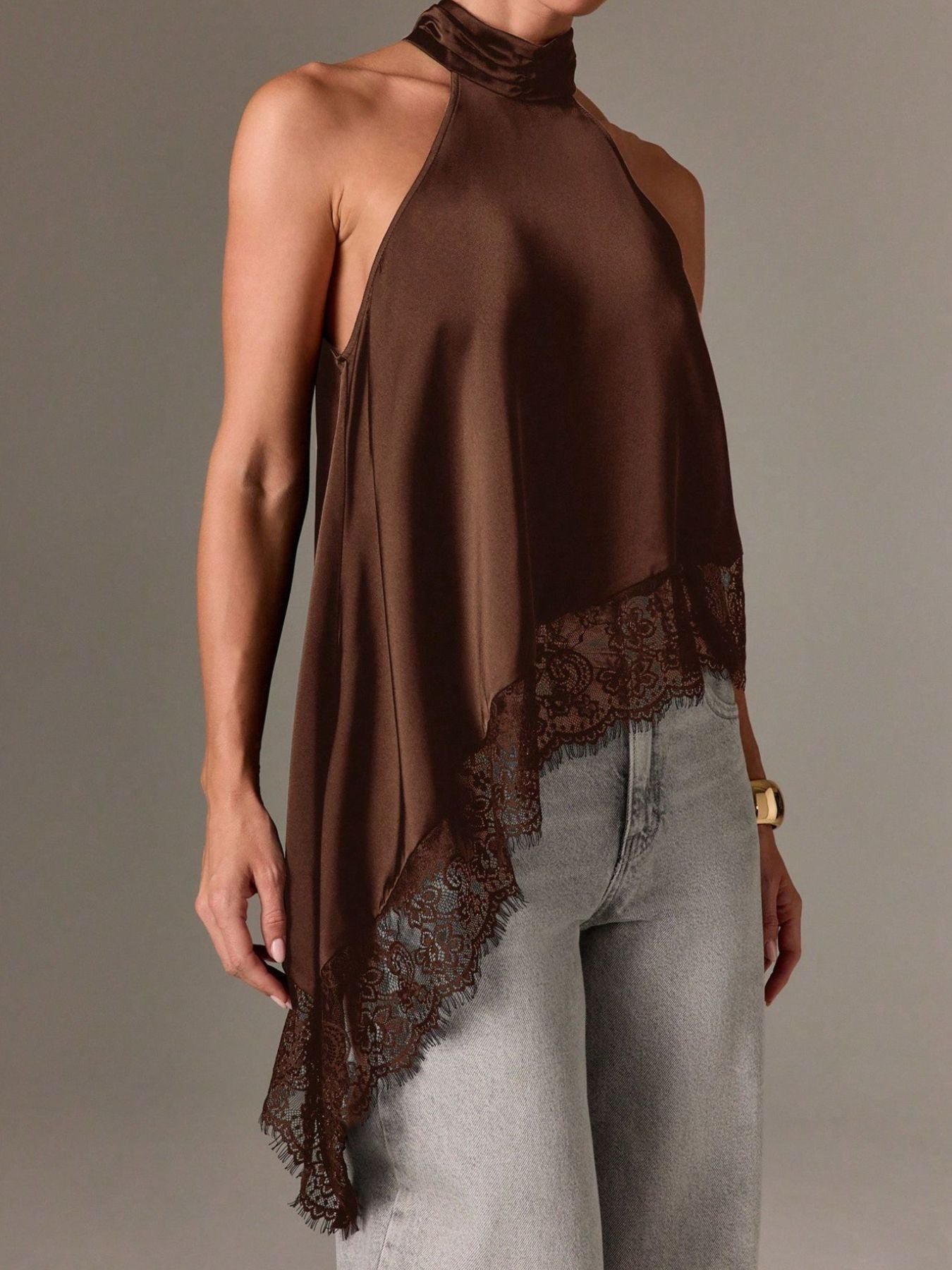 Brown halter camisole with lace trim and asymmetrical hem