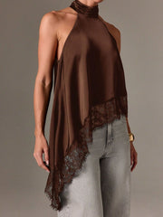 Brown halter camisole with lace trim and asymmetrical hem
