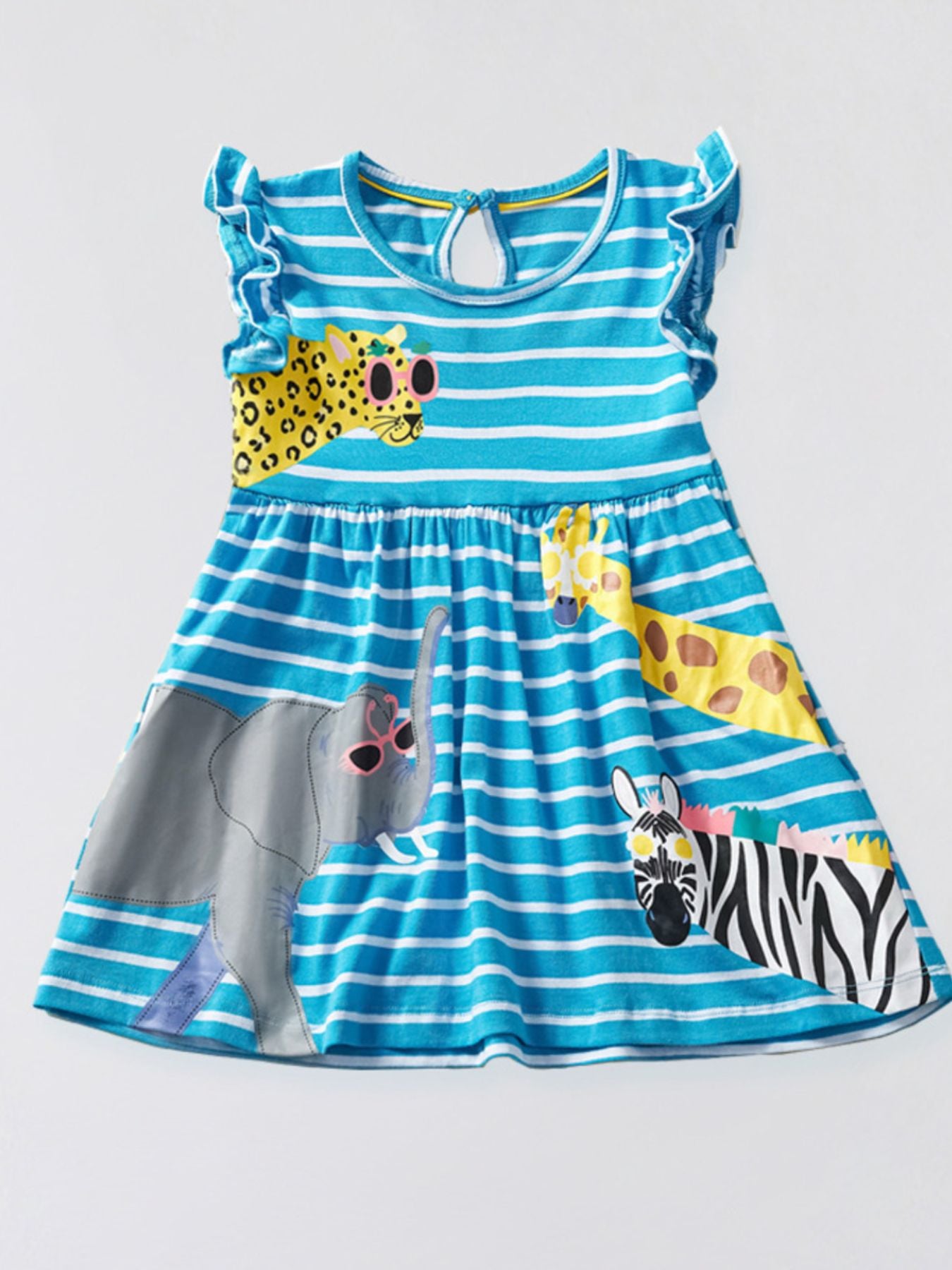 Blue striped cotton toddler dress with animal appliqués and flutter sleeves.