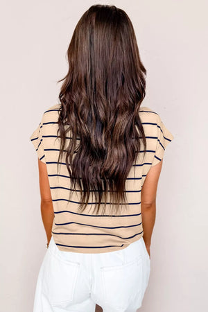 Striped mock neck t-shirt in beige with navy stripes, short sleeves, and a casual fit.