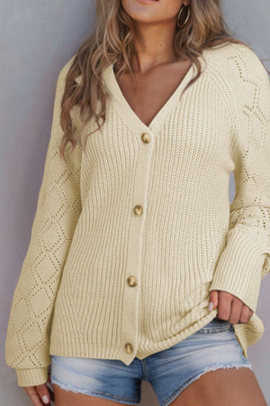 Cream diamond-cut sleeve knit cardigan with V-neck and button front