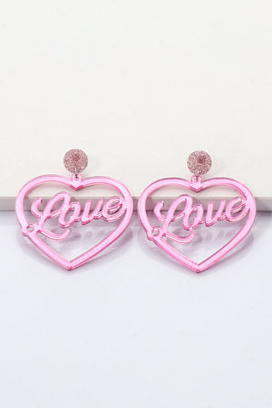 Pink glitter studded love heart acrylic earrings