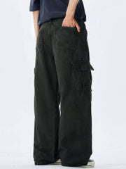 Men's black 100% cotton wide-leg cargo pants with multiple pockets.
