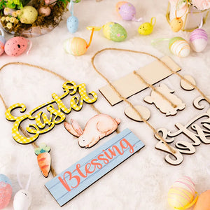 Easter hanging decor with wooden bunny, carrot, and "Blessing" sign.