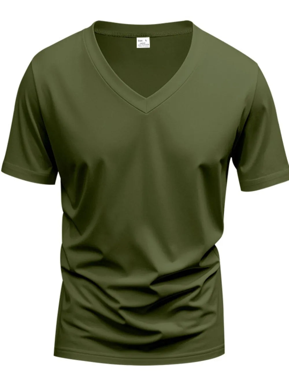 Army green V-neck t-shirt with a modern muscle fit and short sleeves.