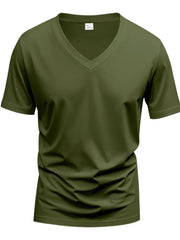 Army green V-neck t-shirt with a modern muscle fit and short sleeves.