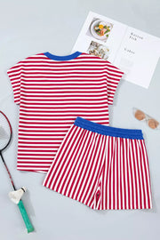 Red and white striped cotton V-neck lounge set with blue trim and drawstring shorts.