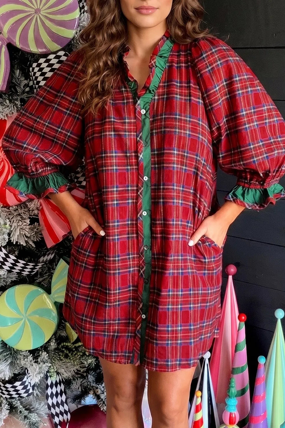 Plaid Ruffle Cuff Button Front Mini Dress in Deep Red, close-up detail