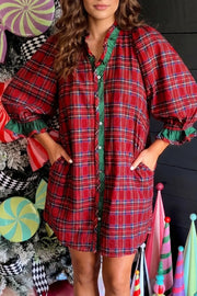 Plaid Ruffle Cuff Button Front Mini Dress in Deep Red, close-up detail