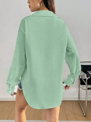 Timeless long sleeve button-up shirt in Gray Green with classic collar, shown from the back.