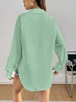 Timeless long sleeve button-up shirt in Gray Green with classic collar, shown from the back.