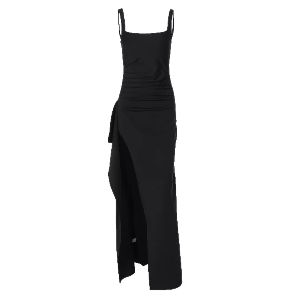 Black spaghetti strap maxi dress with ruched detail and high slit