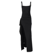 Black spaghetti strap maxi dress with ruched detail and high slit