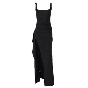 Black spaghetti strap maxi dress with ruched detail and high slit