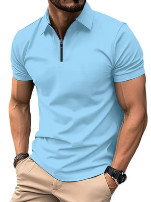 Sky blue zip-neck polo shirt with short sleeves and a black zipper detail.