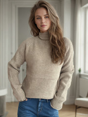 Raglan ribbed turtleneck sweater in Khaki, acrylic knit with a casual fit.
