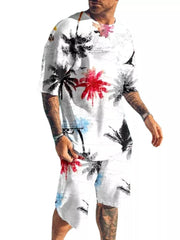 Men's Palm Tree Print Top And Shorts Set Plus Size in Aqua, side view