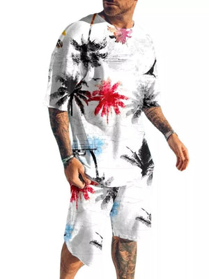 Men's Palm Tree Print Top And Shorts Set Plus Size in Aqua, side view