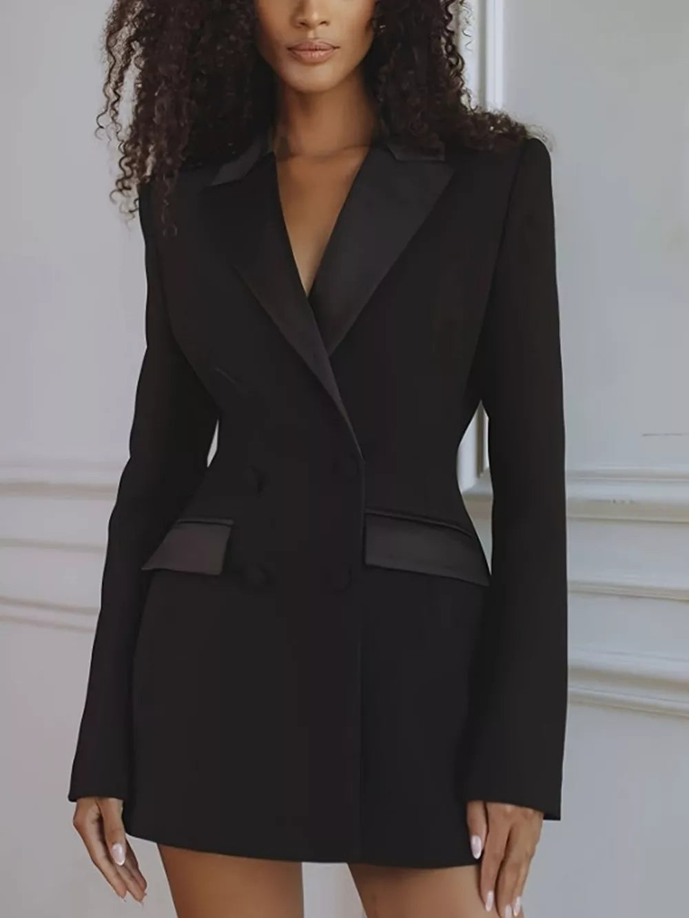 Satin Lapel Double-breasted Blazer in Black, back view
