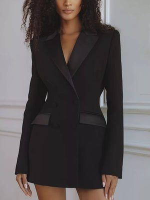 Satin Lapel Double-breasted Blazer in Black, back view