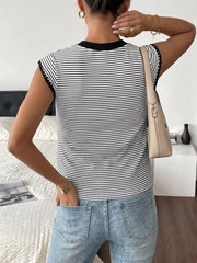 Black and white striped crew neck tee with black trim on sleeves and neckline.