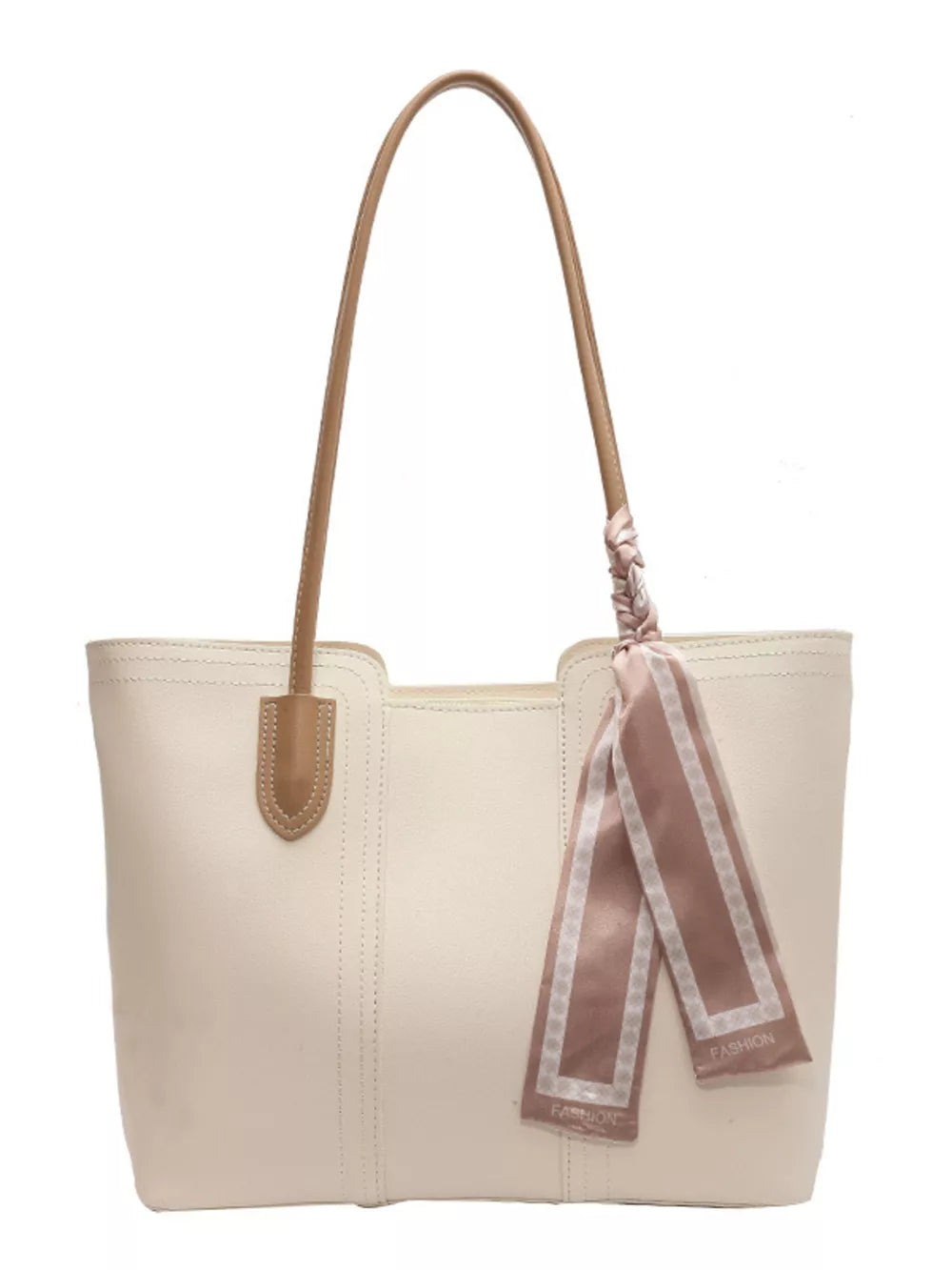Elegant white pu leather tote bag with tan straps and decorative scarf detail.