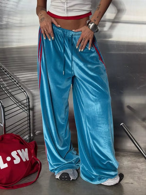 Velvet Wide-leg Pants in Green, front view