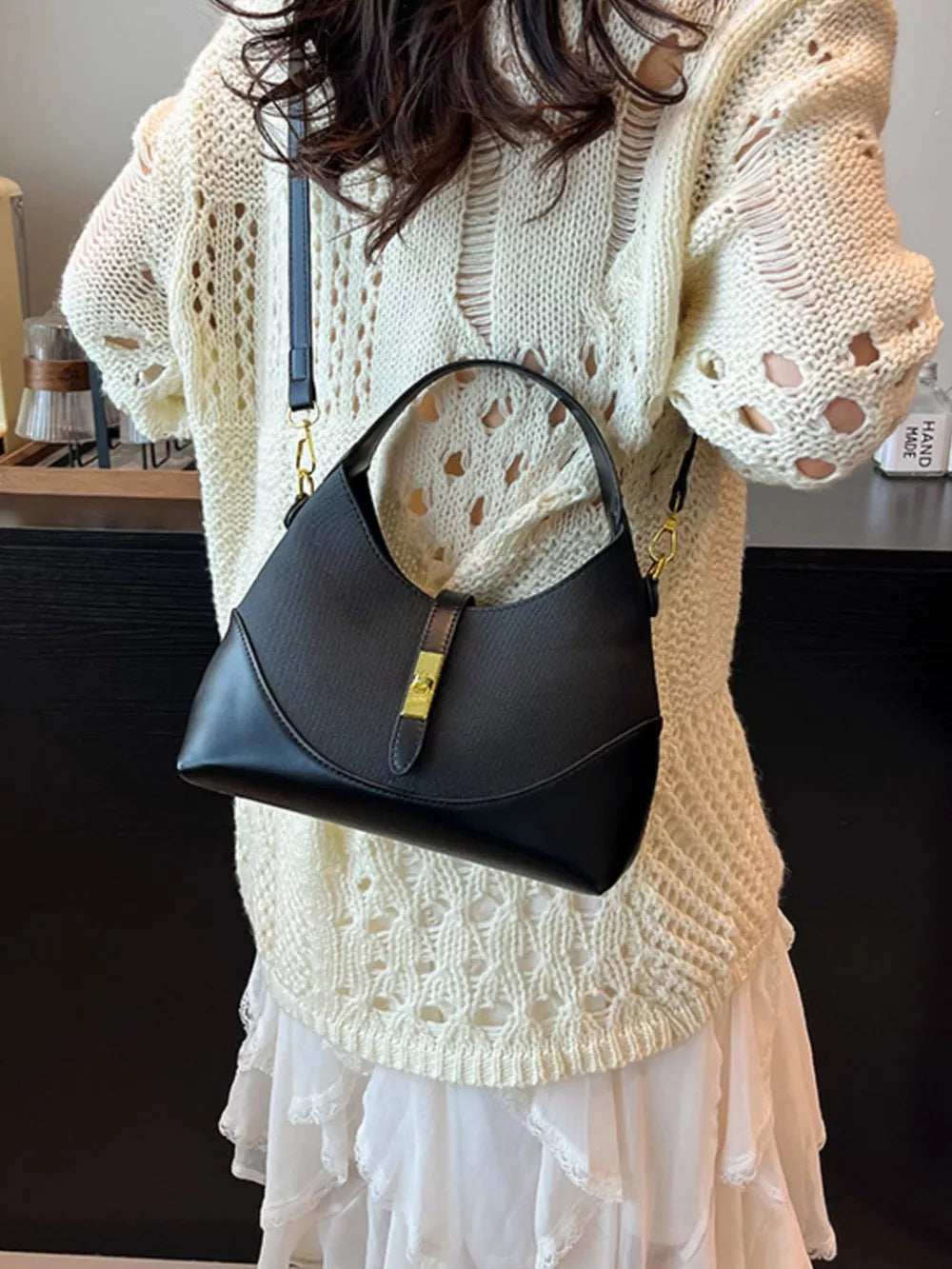 Pu Leather Crossbody Bag in Black, close-up detail