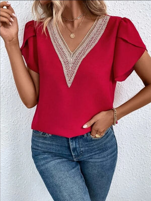 Red lace trim v-neck flutter sleeve blouse with gold trim detail